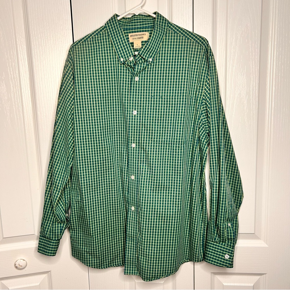 Duluth Trading Company Shirt Men’s L Green Plaid Button Down Long‎ Sleeve